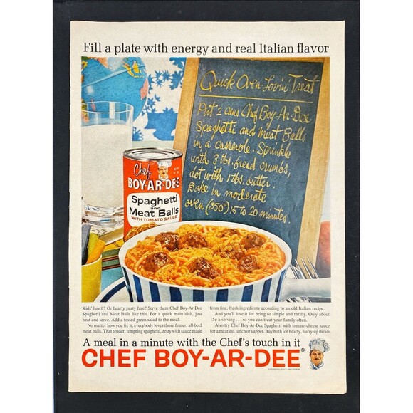 Chef Boy-Ar-Dee Spaghetti & Mea Ball "Canned Meal in a Minute" Vtg Print Ad 1964 - Picture 3 of 3